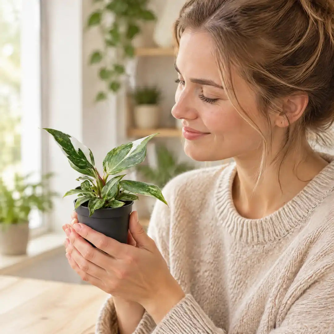Frau hält einen kleinen Philodendron White Princess in beiden Händen und betrachtet die Blätter
