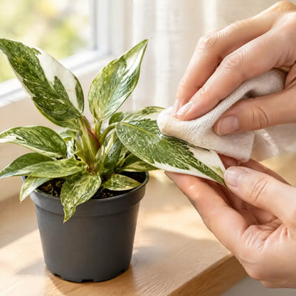 Blatt eines Philodendron White Princess wird mit einem weichen Tuch abgewischt