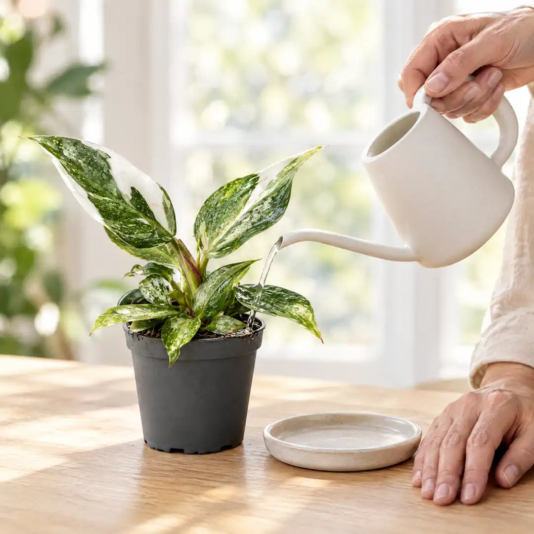 Philodendron White Princess wird mit einer weißen Gießkanne direkt an der Erde gegossen