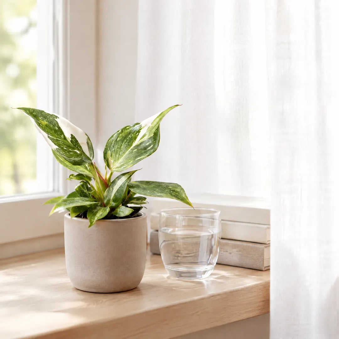 Philodendron White Princess im beigen Übertopf auf einer hellen Fensterbank vor einem Leinenvorhang