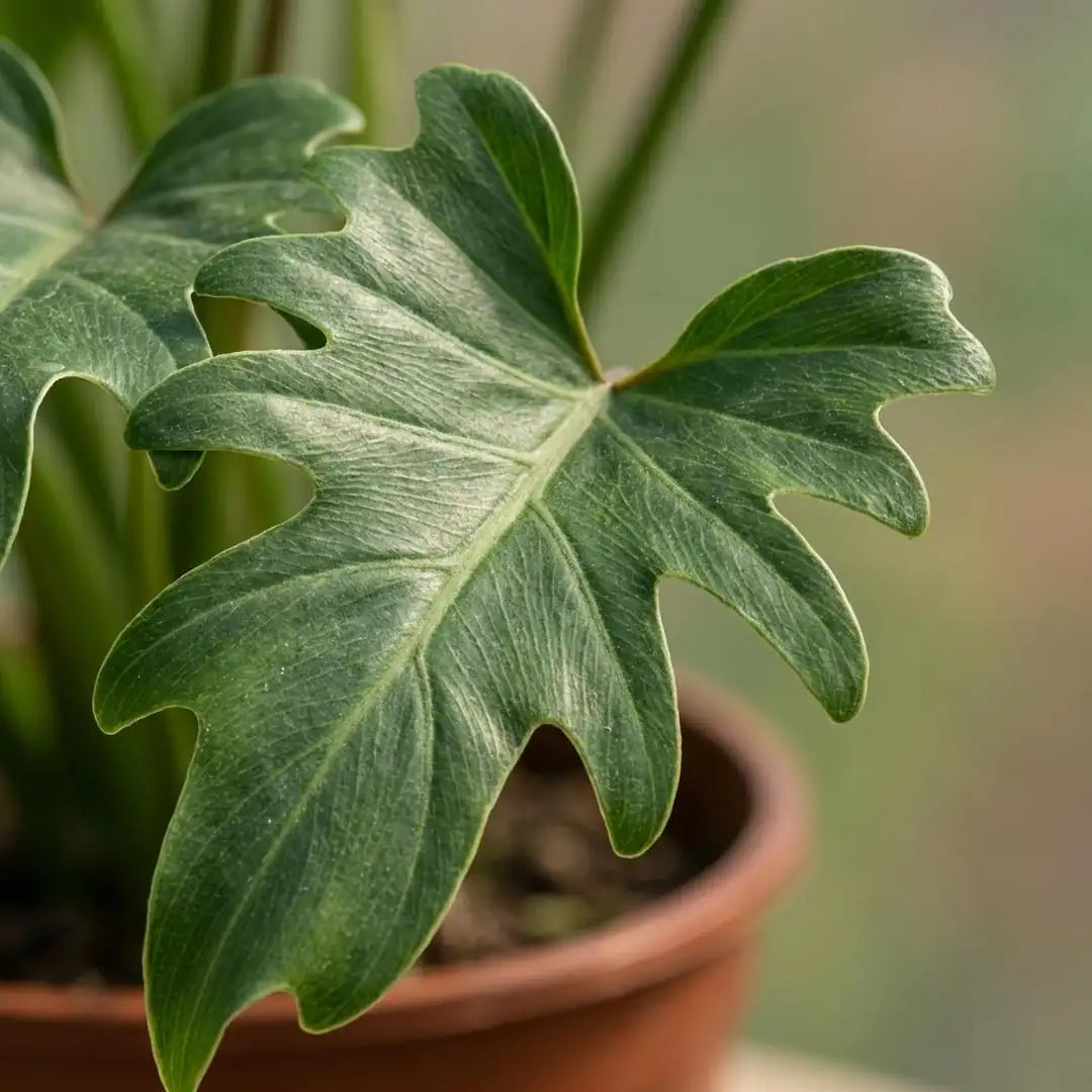 Nahaufnahme eines tief gelappten, glänzenden Blatts des Philodendron Xanadu