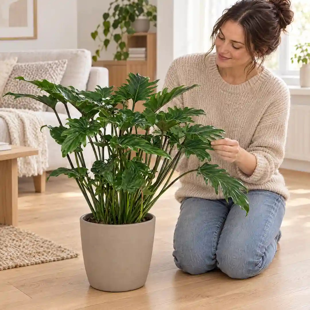 Frau kniet neben ihrem Philodendron Xanadu und berührt ein Blatt