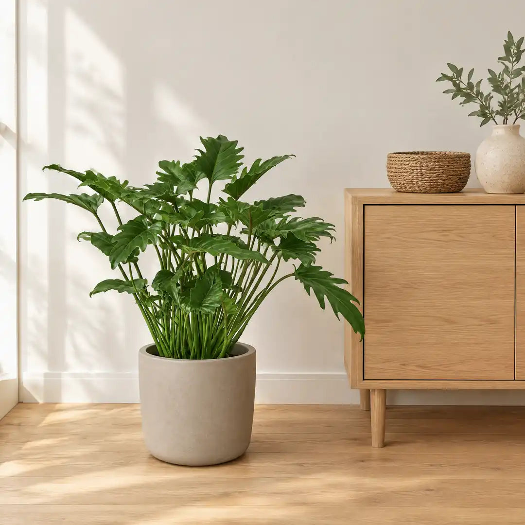 Philodendron Xanadu im greigen Übertopf neben einem Sideboard als Größenvergleich
