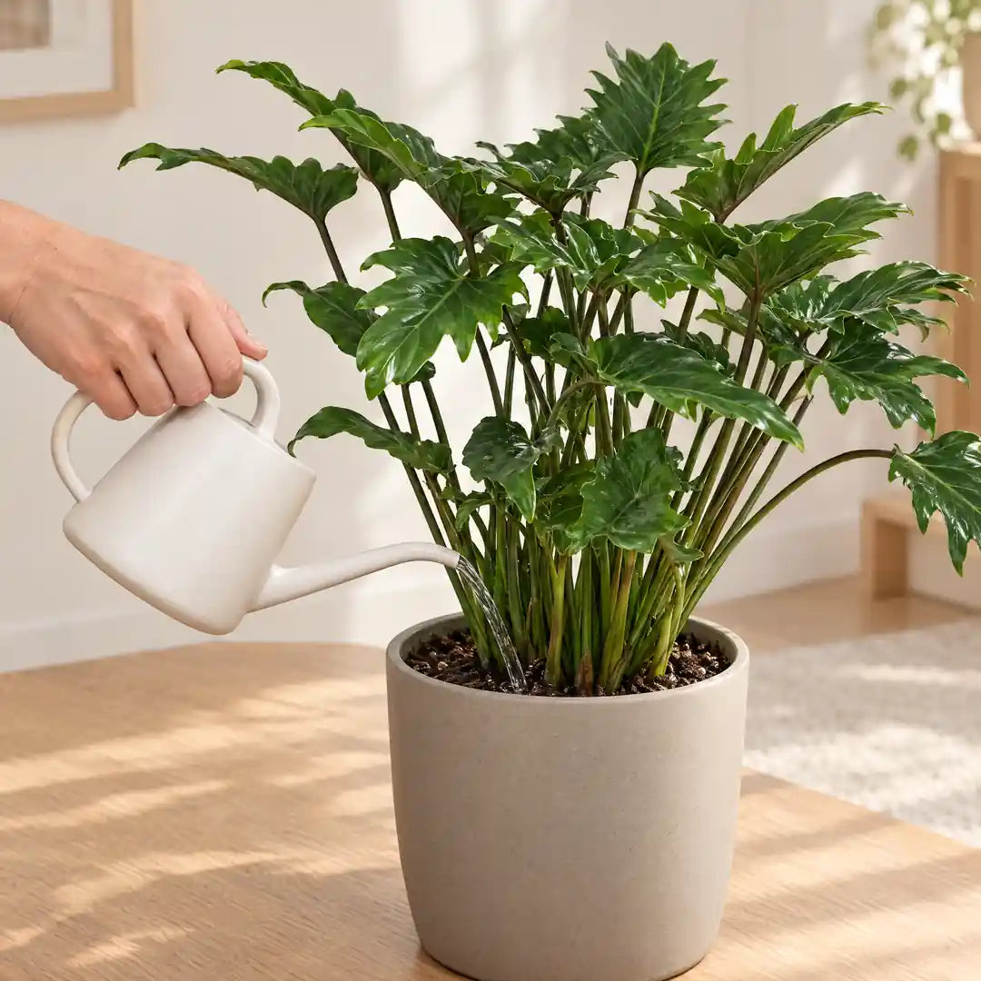 Hand gießt den Philodendron Xanadu mit einer weißen Gießkanne