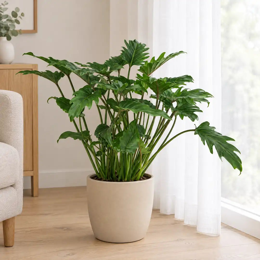 Philodendron Xanadu an einem hellen Platz vor einer lichten Gardine
