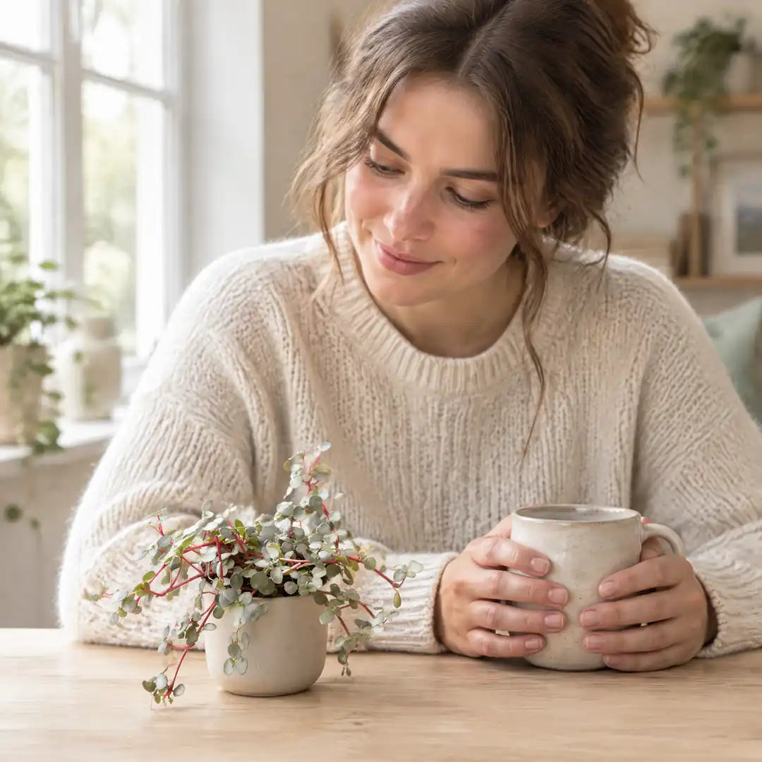 Frau mit Kaffeetasse betrachtet lächelnd eine kleine Pilea Glauca Greyzy auf dem Tisch
