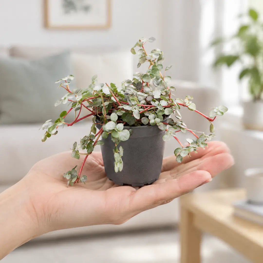 Pilea Glauca Greyzy im 6-cm-Kulturtopf auf einer Handfläche als Größenvergleich