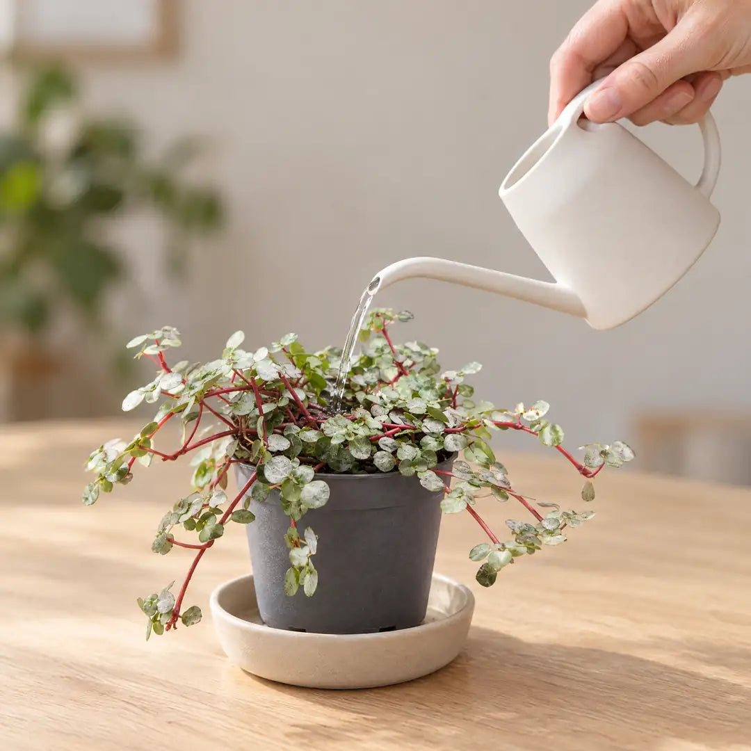 Pilea Glauca Greyzy wird mit einer weißen Gießkanne direkt auf die Erde gegossen