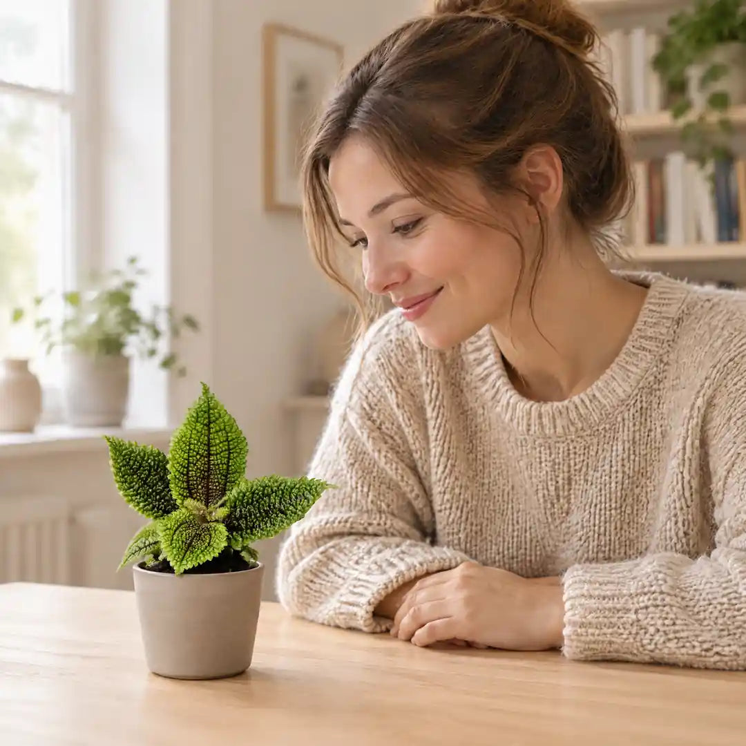 Frau betrachtet lächelnd eine kleine Pilea Moon Valley auf ihrem Schreibtisch