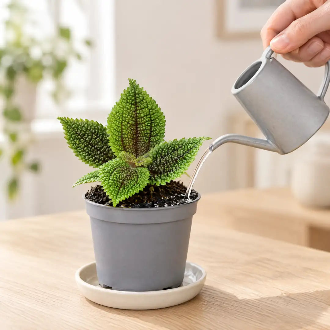 Pilea Moon Valley wird mit einer kleinen grauen Gießkanne direkt an der Erde gegossen
