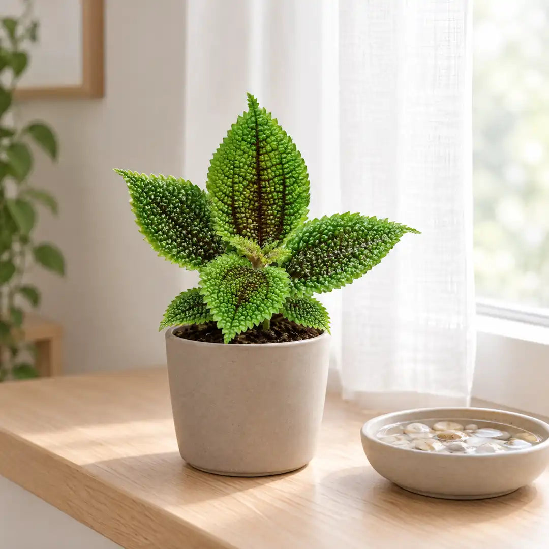 Pilea Moon Valley auf einer hellen Fensterbank neben einer Kiesschale für mehr Luftfeuchtigkeit