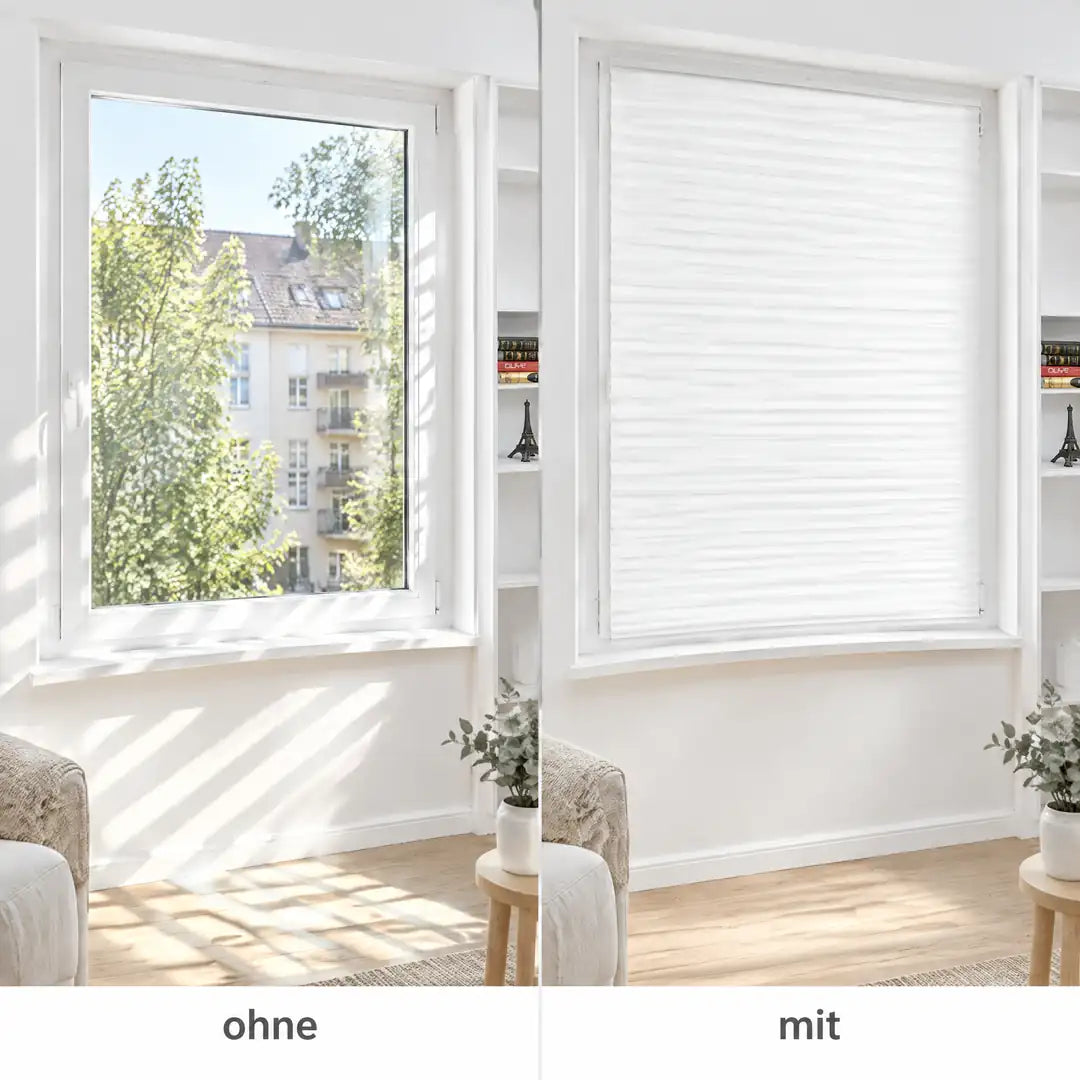 Fenster ohne und mit Plissee im direkten Vergleich