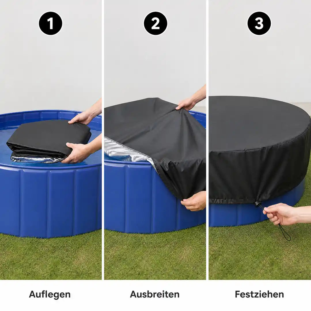 Poolabdeckung anbringen in drei Schritten: auflegen, ausbreiten, Kordelzug festziehen