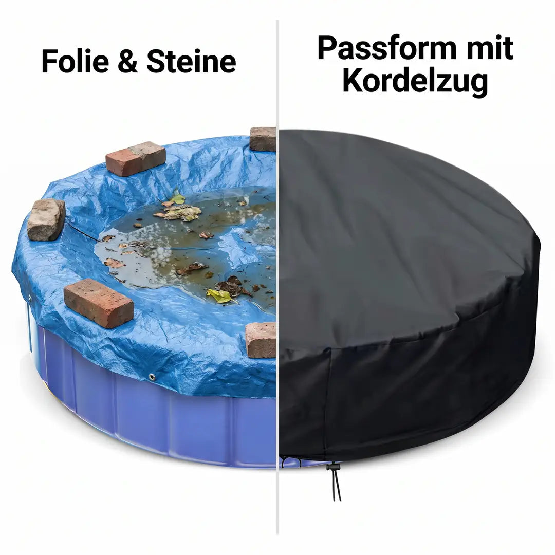 Vergleich: lose Folie mit Steinen beschwert gegenüber passgenauer Poolabdeckung mit Kordelzug