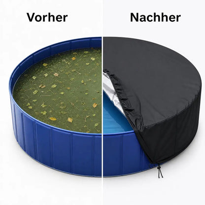 Vorher-Nachher: offener Pool mit trübem Wasser und Laub gegenüber abgedecktem Pool mit klarem Wasser