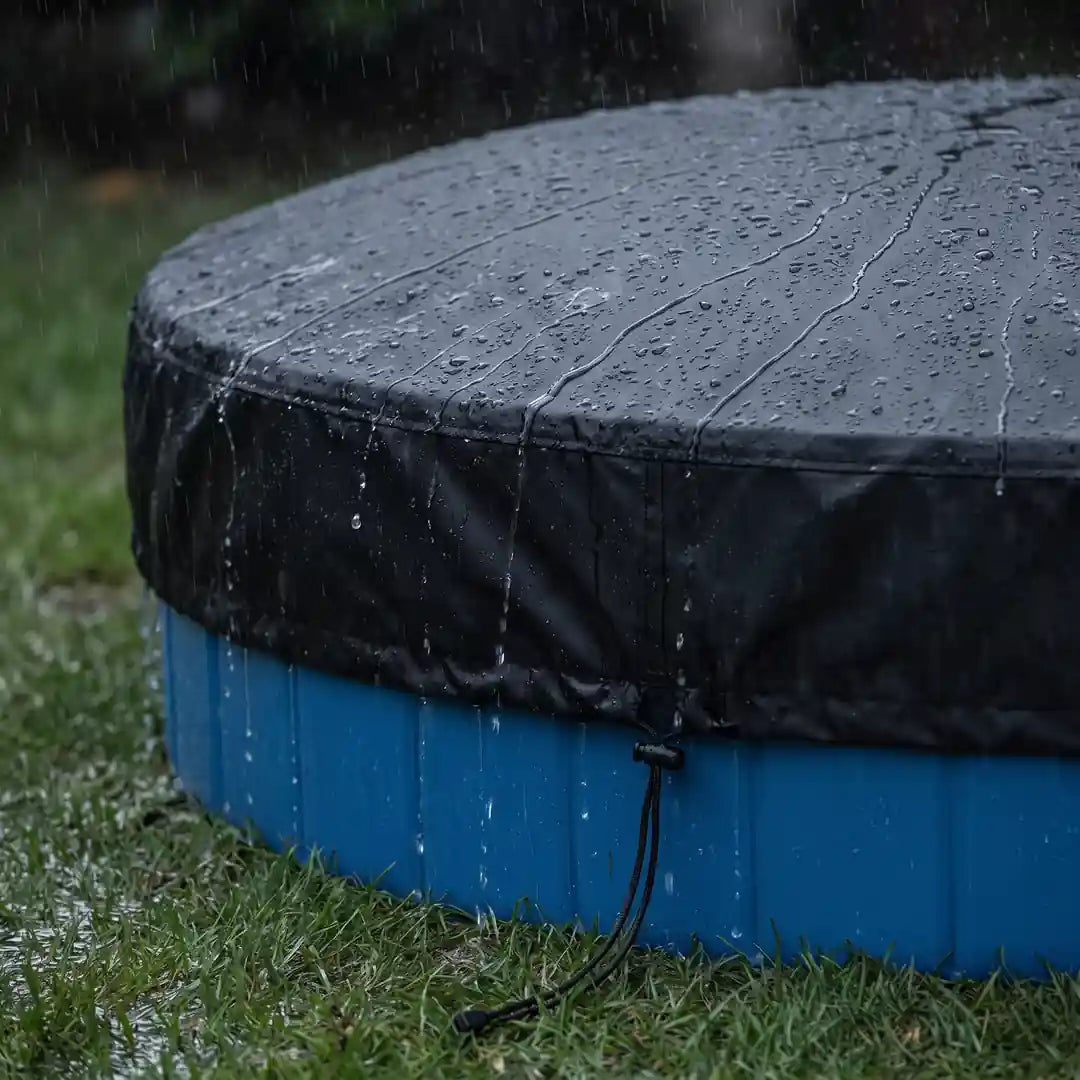 Regen läuft von der Poolabdeckung ab und tropft an der Schürze herunter