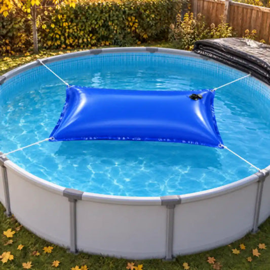 Poolkissen schwimmt mit Schnüren fixiert in der Mitte eines Aufstellpools