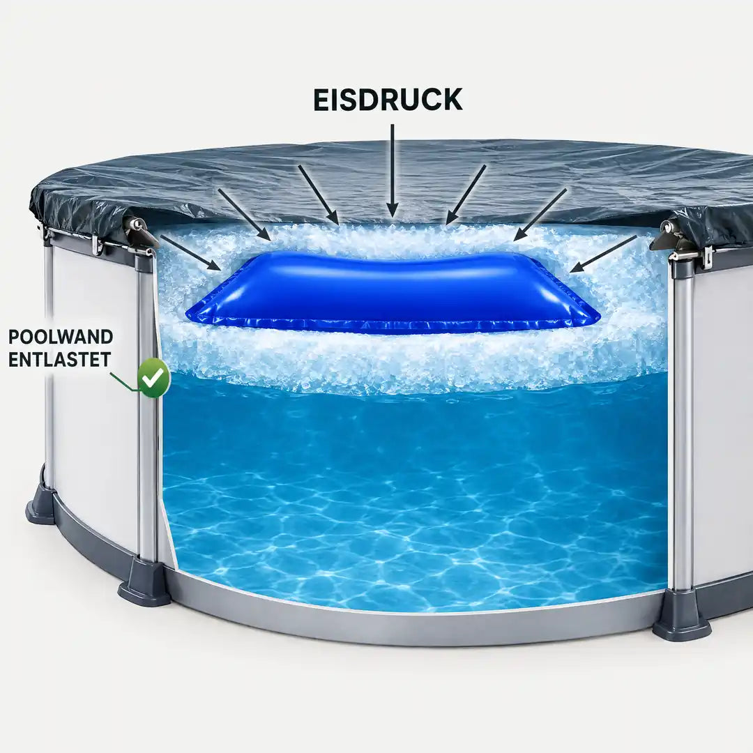 Schnittbild: Poolkissen unter der Winterplane fängt den Eisdruck ab
