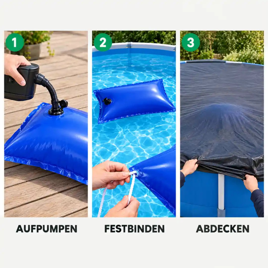 Poolkissen in drei Schritten: aufpumpen, festbinden, abdecken