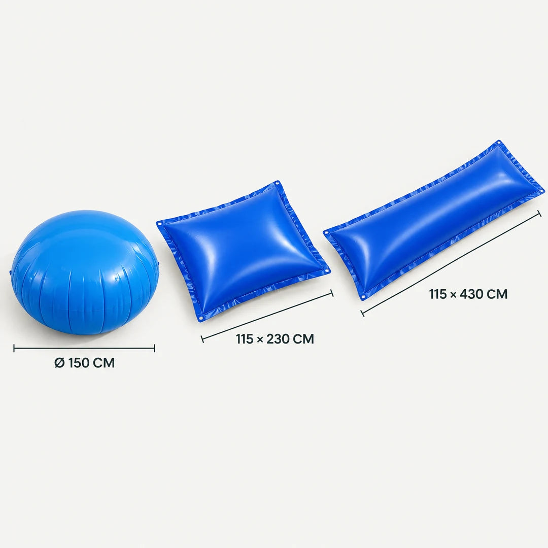Größenübersicht Poolkissen: rund Ø 150 cm, 115 × 230 cm und 115 × 430 cm