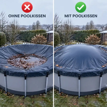 Vorher und nachher: Poolabdeckung ohne und mit Poolkissen