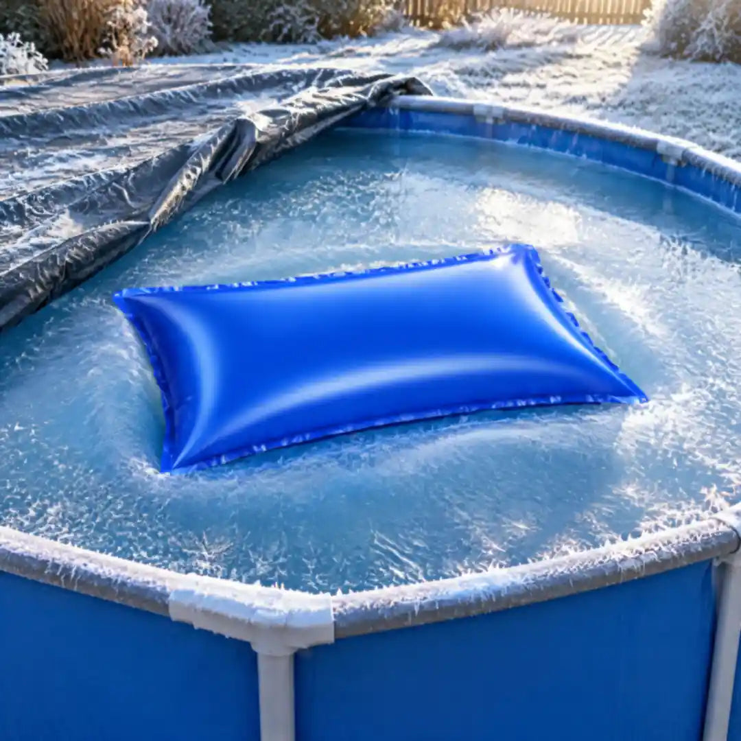 Poolkissen auf gefrorenem Poolwasser unter zurückgeschlagener Winterplane