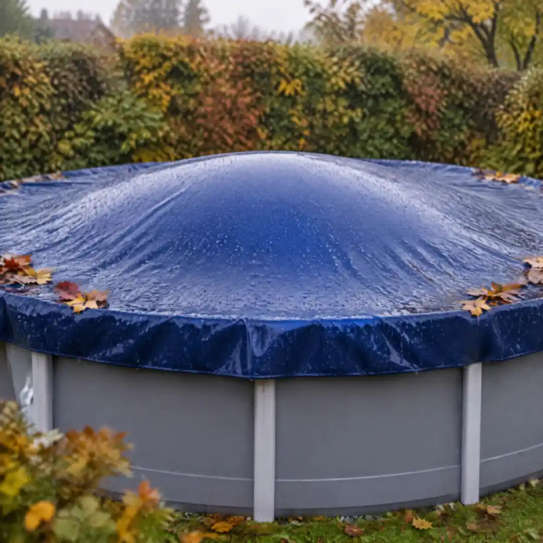 Gewölbte Winterabdeckung über einem Aufstellpool im Herbstregen