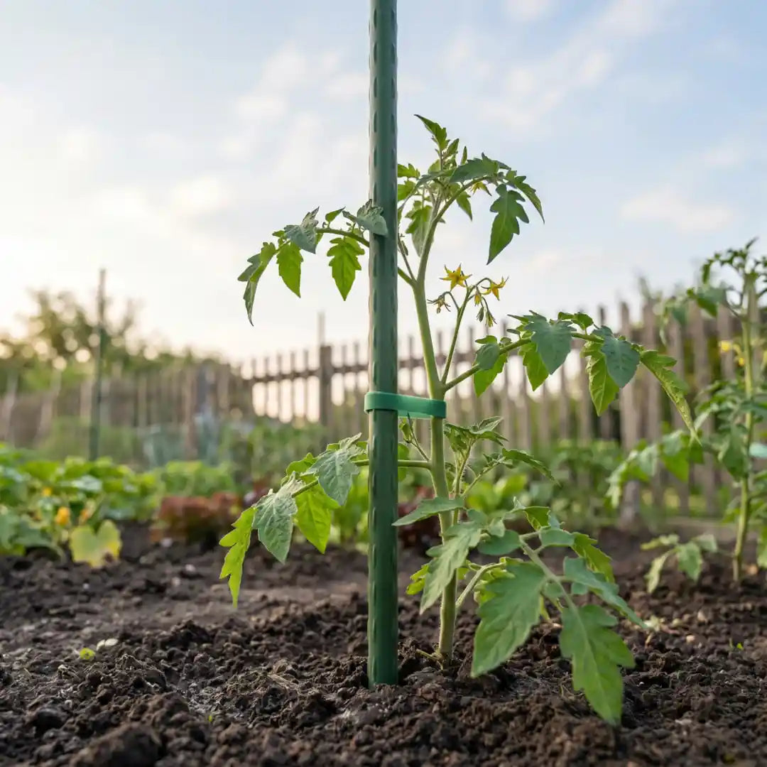 Pflanzstab als Rankhilfe an Tomatenpflanze im Beet