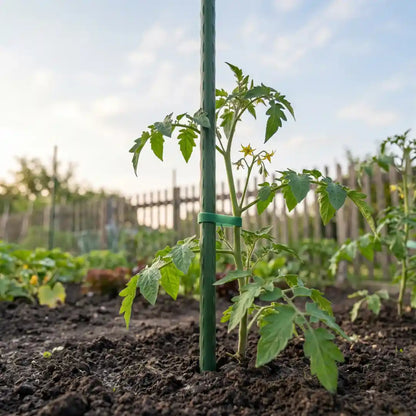Pflanzstab als Rankhilfe an Tomatenpflanze im Beet