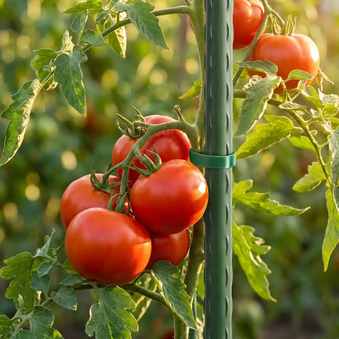 Tomatenpflanze mit reifen Früchten an grünem Pflanzstab 150 cm angebunden
