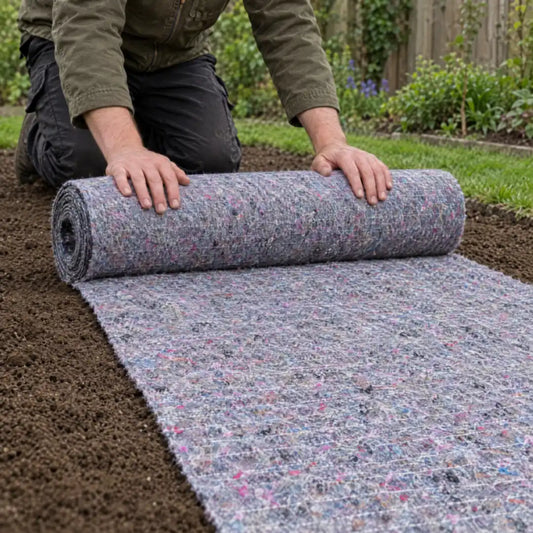 Rasenmatte wird im Garten auf vorbereiteter Erde ausgerollt