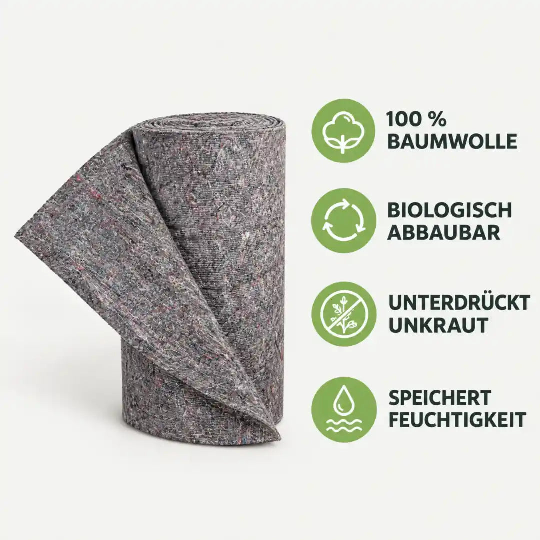 Rasenmatte Merkmale: 100 % Baumwolle, biologisch abbaubar, unterdrückt Unkraut, speichert Feuchtigkeit