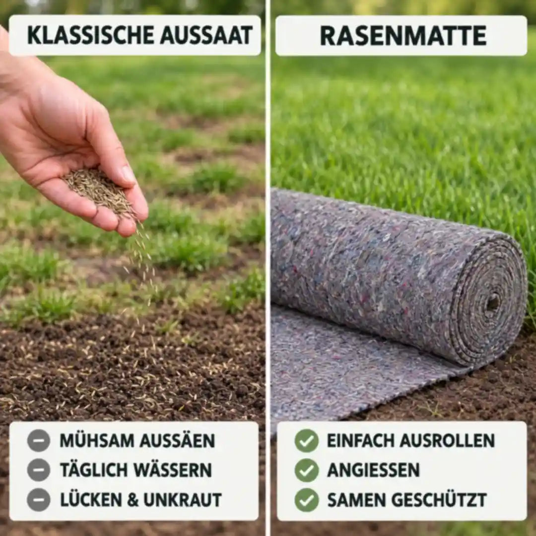 Vergleich klassische Rasenaussaat und Rasenmatte
