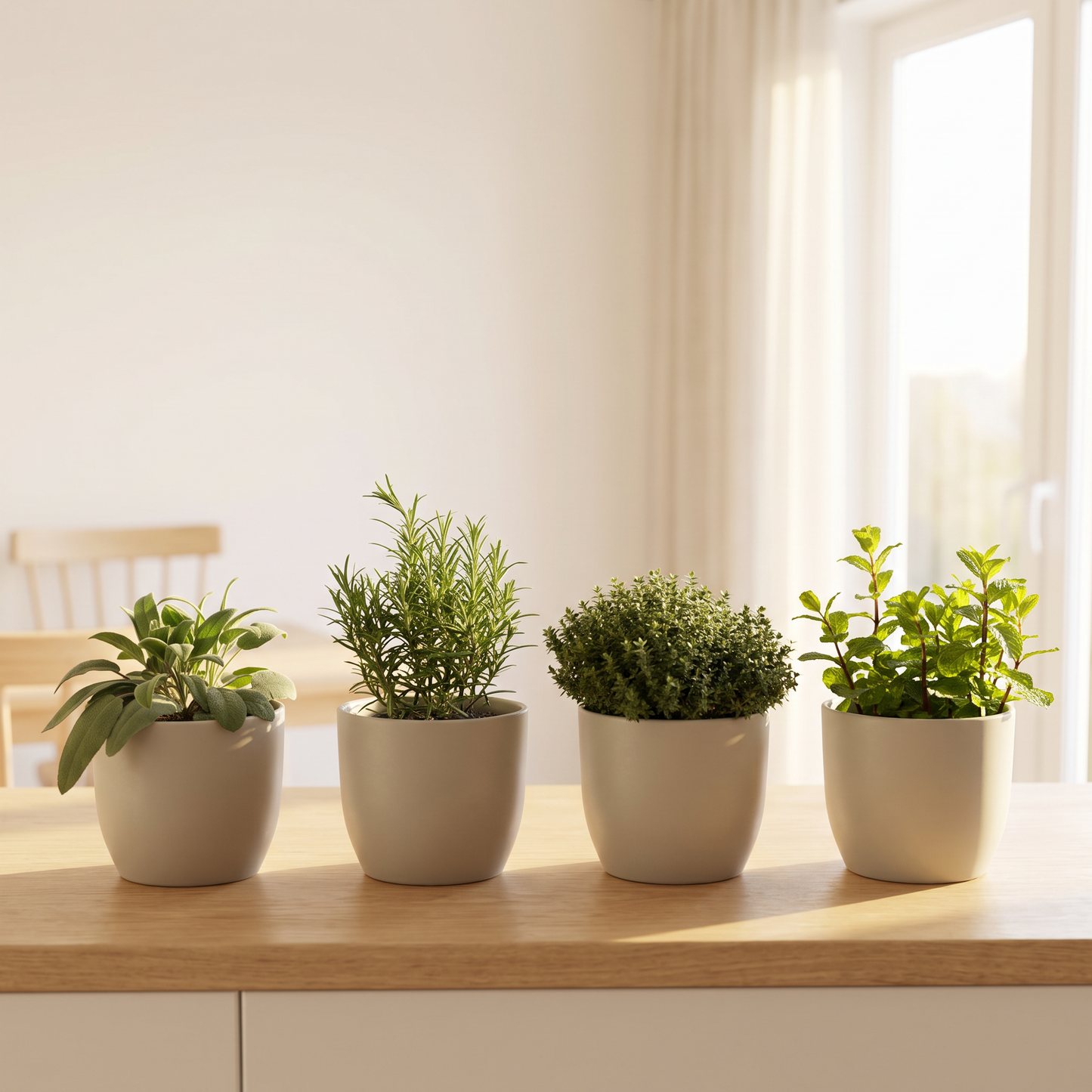 Gartenkräutermischung mit Salbei, Rosmarin, Thymian und Minze in hellen Töpfen in der Küche