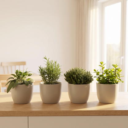 Gartenkräutermischung mit Salbei, Rosmarin, Thymian und Minze in hellen Töpfen in der Küche