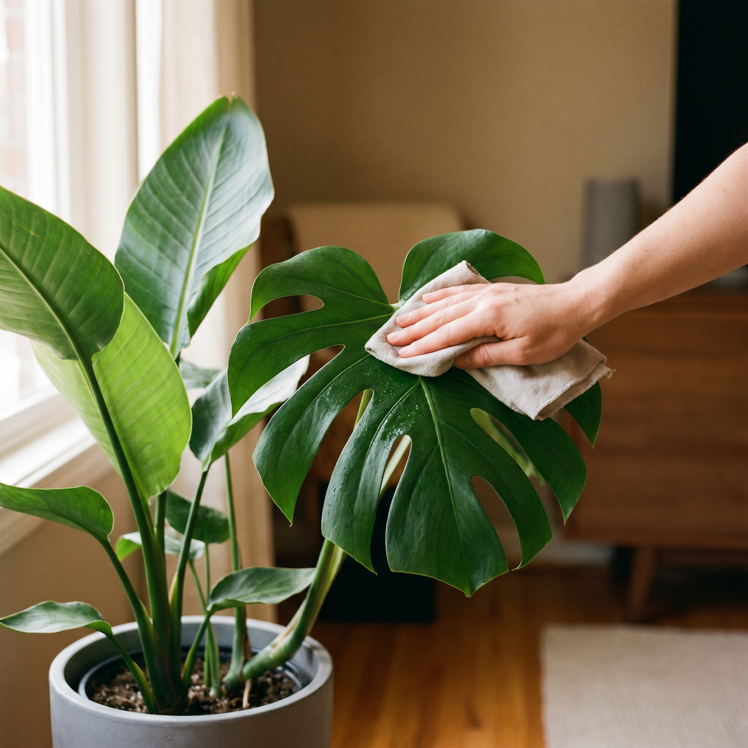 Pflege des Monstera- und Strelitzia-Sets – Blatt abwischen