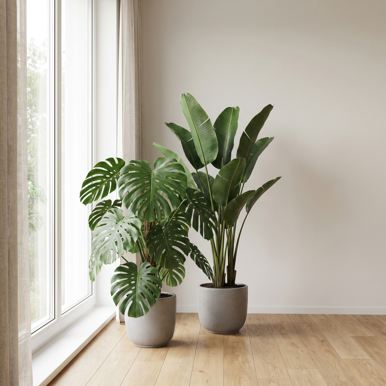 Monstera Deliciosa und Strelitzia Nicolai am hellen Fenster – idealer Standort
