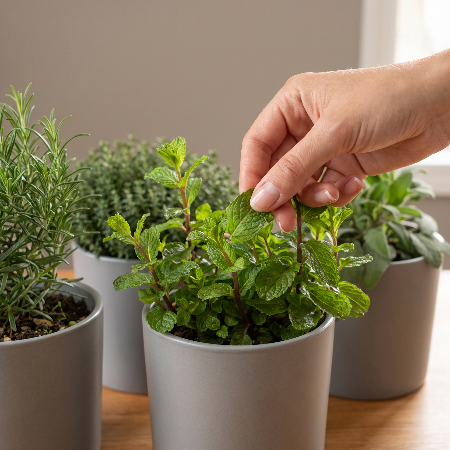 Hand erntet frische Minze aus dem Kräuterset