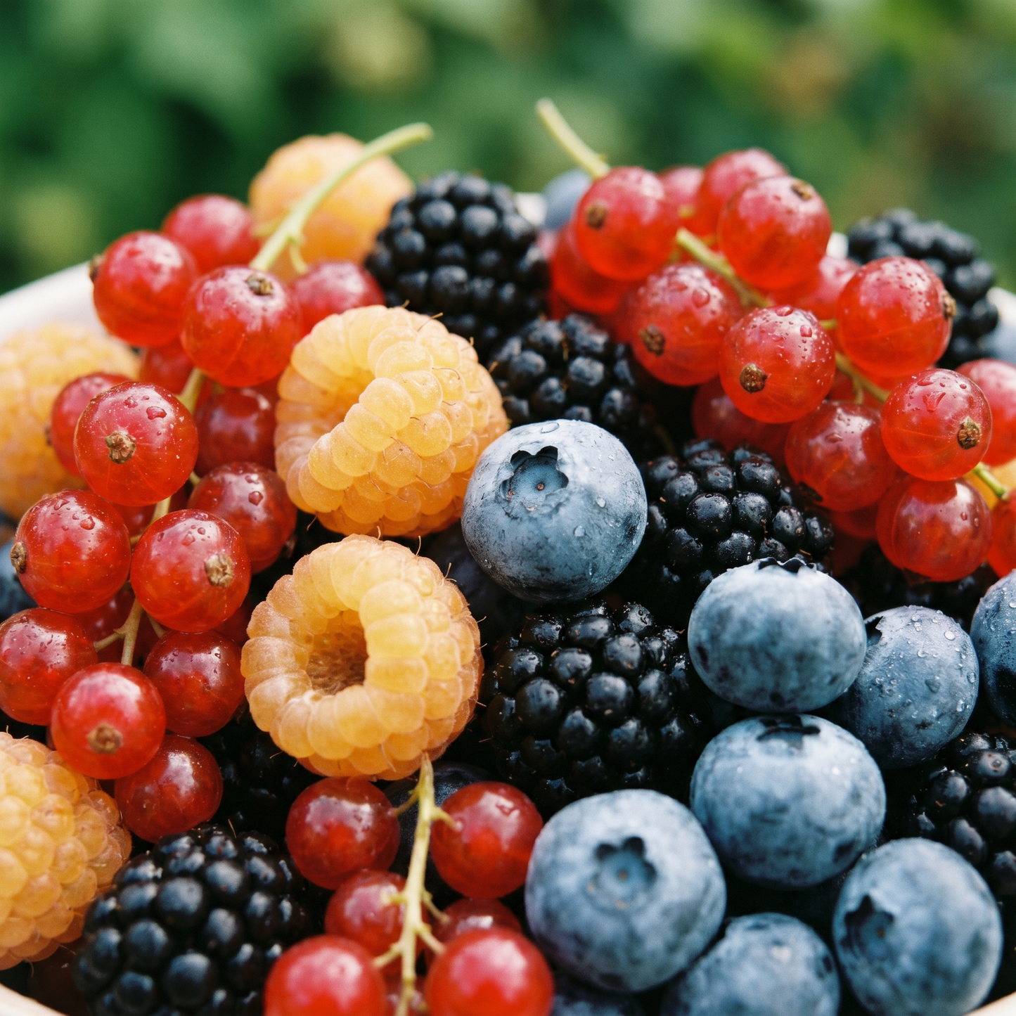 Frisch geerntete Beeren aus dem Set: rote Johannisbeere, gelbe Himbeere, Brombeere und Blaubeere (Blaubeere ab 4er-Set)