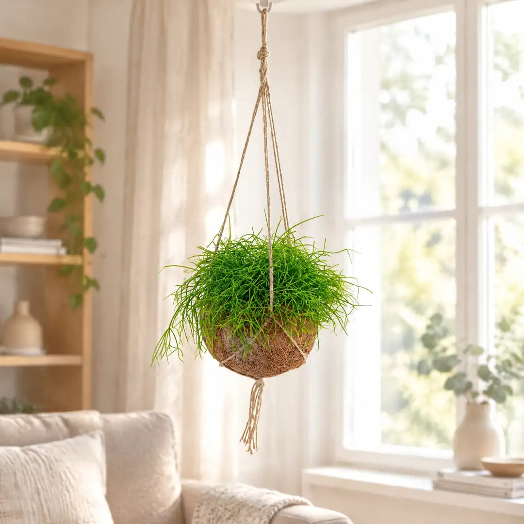 Rhipsalis Kokedama hängt vor einem hellen Fenster im Wohnzimmer