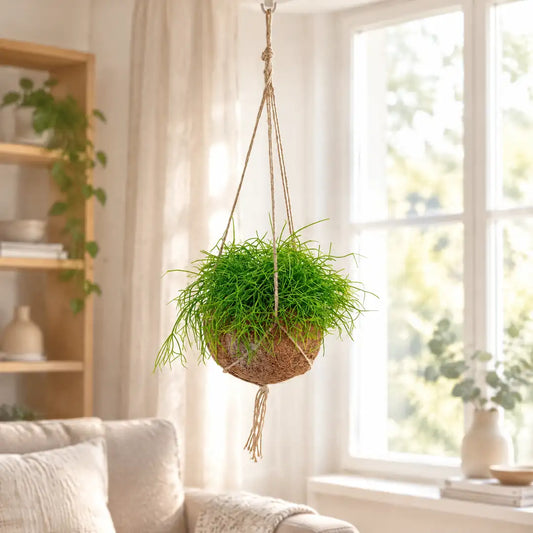Rhipsalis Kokedama hängt vor einem hellen Fenster im Wohnzimmer