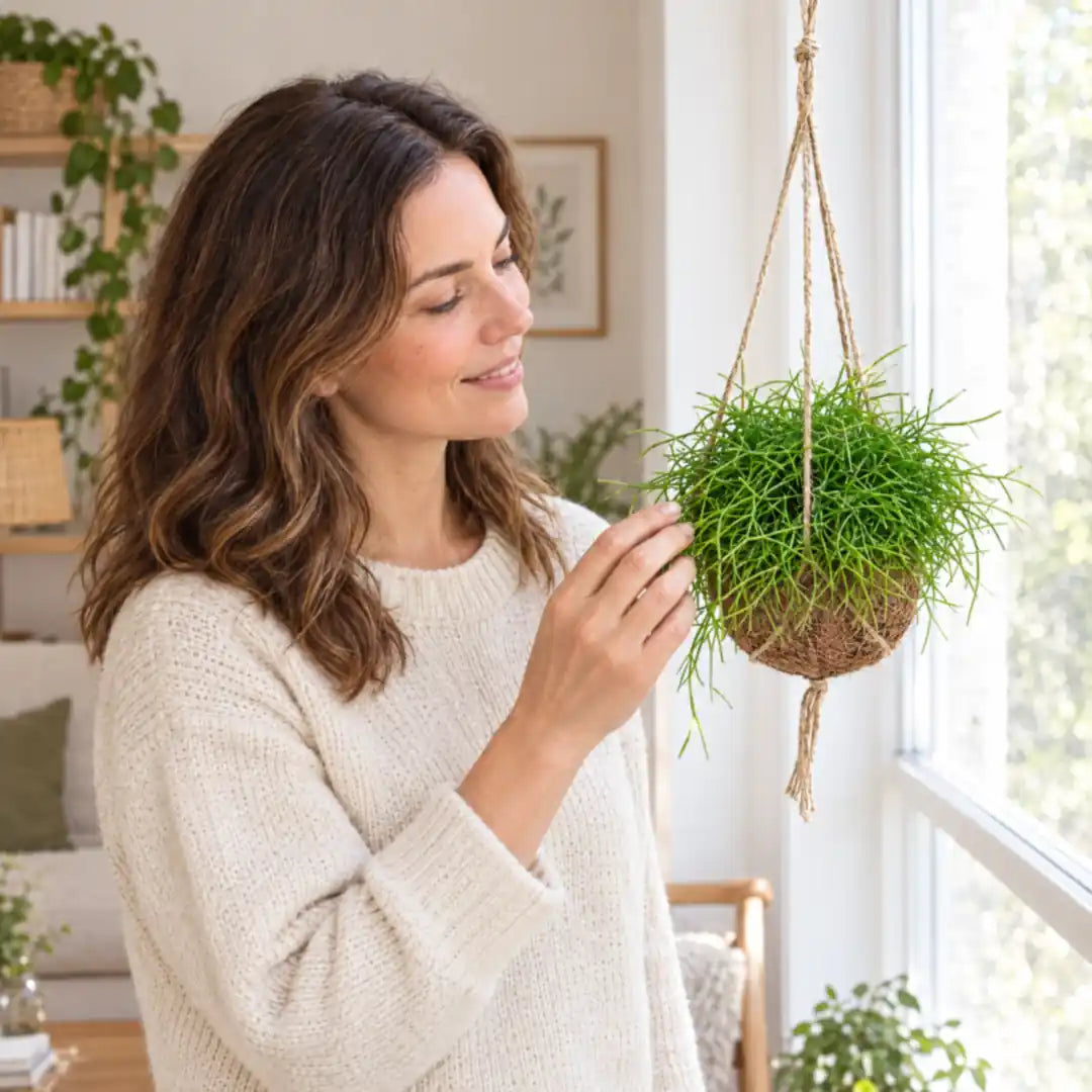 Frau berührt die Triebe ihrer hängenden Rhipsalis Kokedama am Fenster