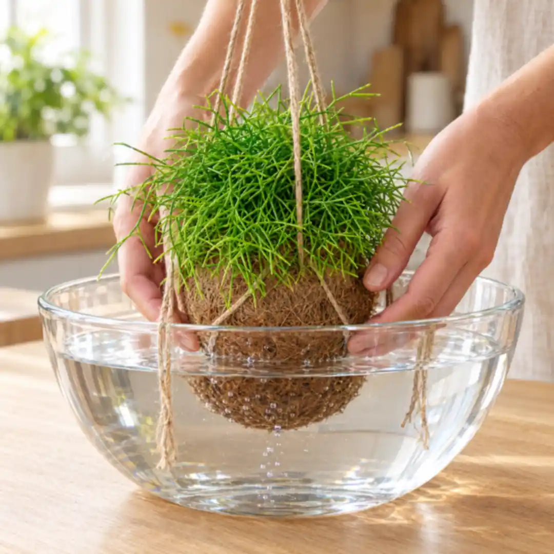 Hände tauchen die Kokosfaser-Kugel der Rhipsalis in eine Schüssel mit Wasser