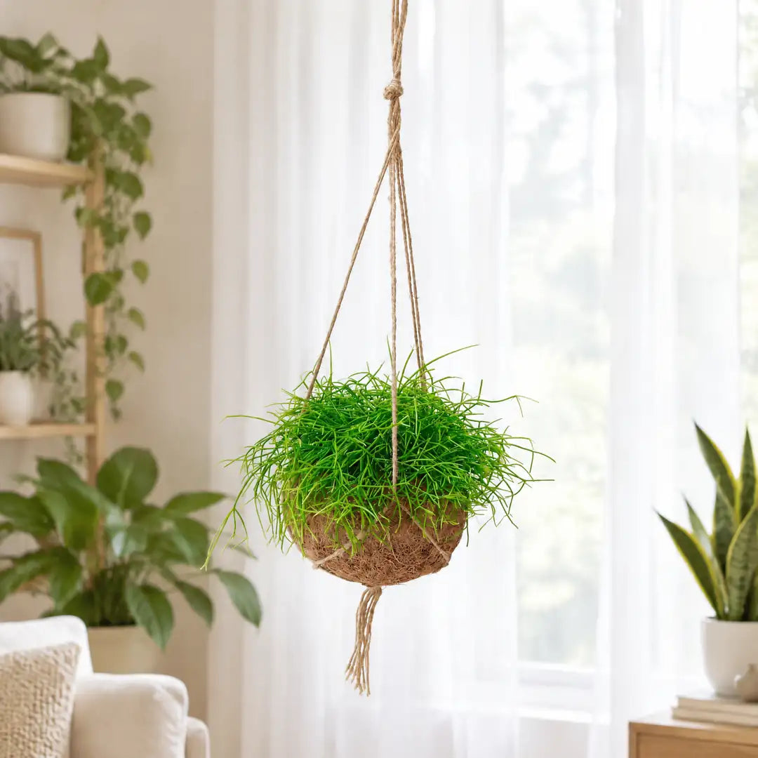 Rhipsalis Kokedama hängt vor einem Fenster mit lichter Gardine