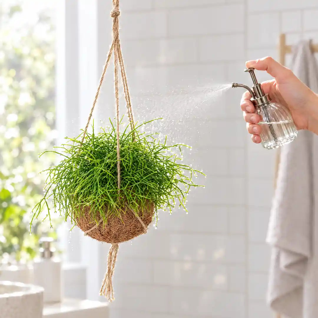 Hand besprüht die Triebe der hängenden Rhipsalis mit feinem Sprühnebel