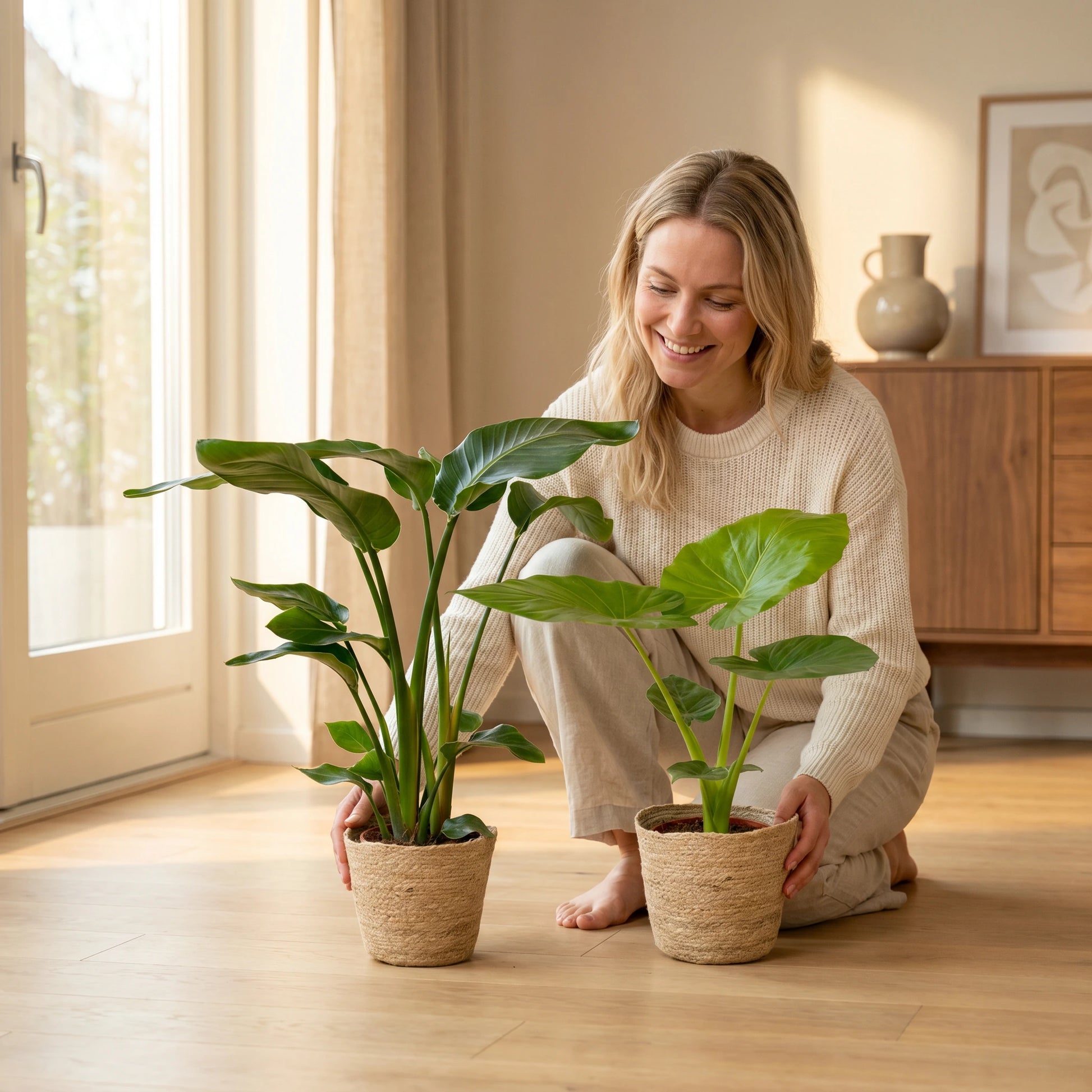 Frau arrangiert das Strelitzia- und Alocasia-Set im hellen Wohnraum