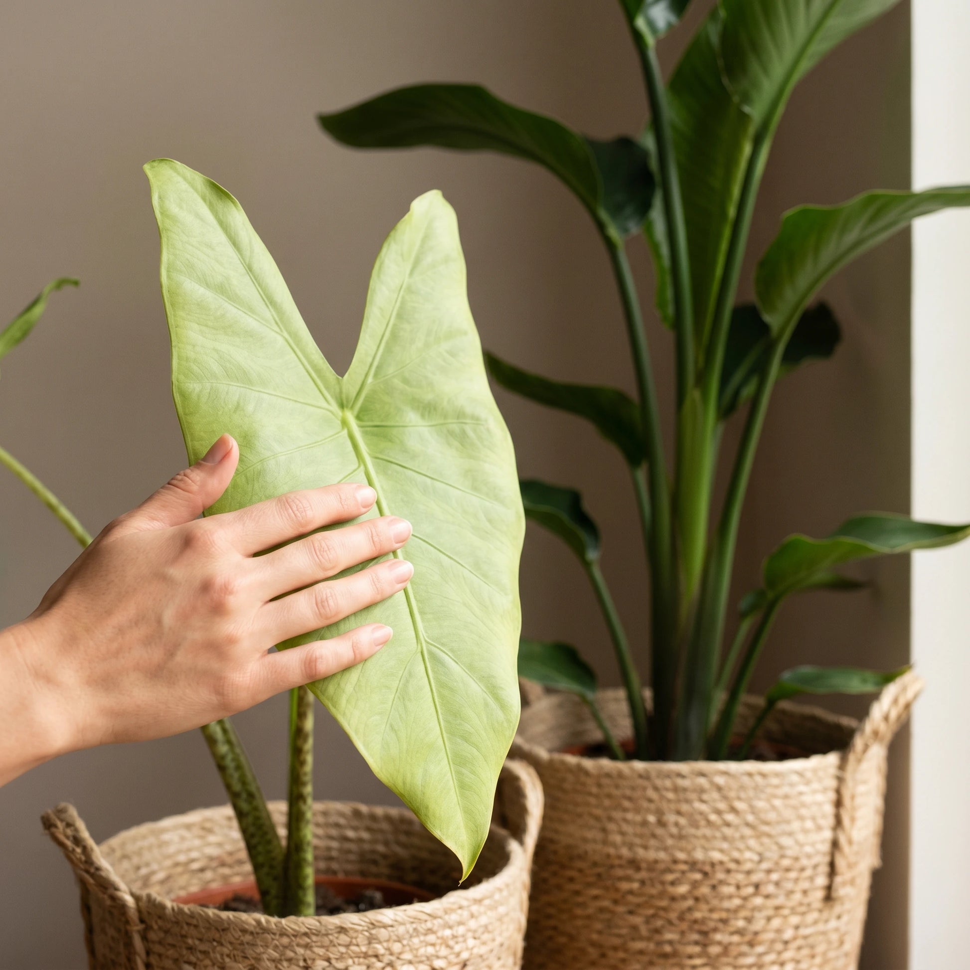 Hand berührt ein Blatt der Alocasia Macrorrhiza neben der Strelitzia Nicolai
