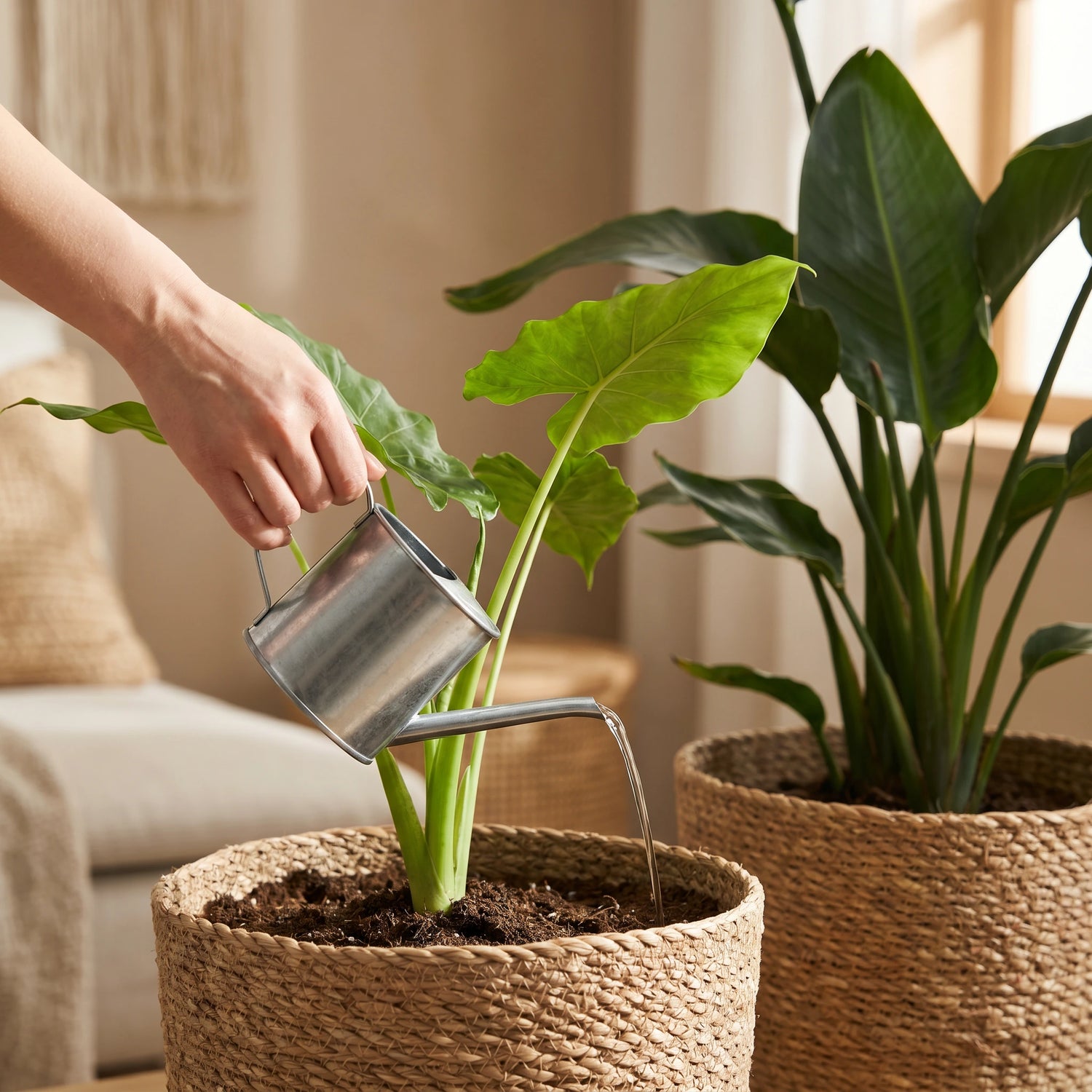 Alocasia Macrorrhiza im Set wird mit der Gießkanne gegossen