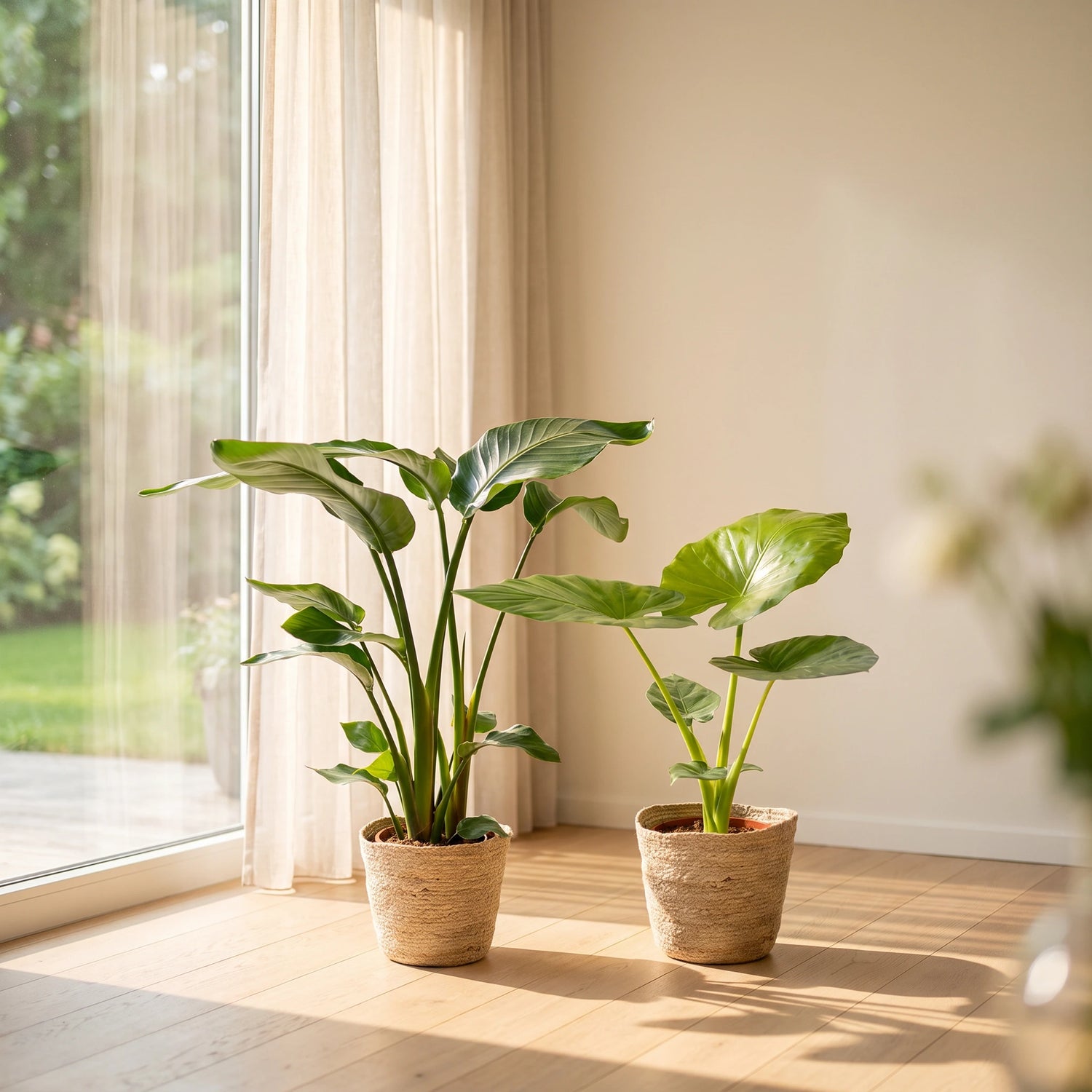 Strelitzia Nicolai und Alocasia Macrorrhiza am hellen Fenster im Wohnraum