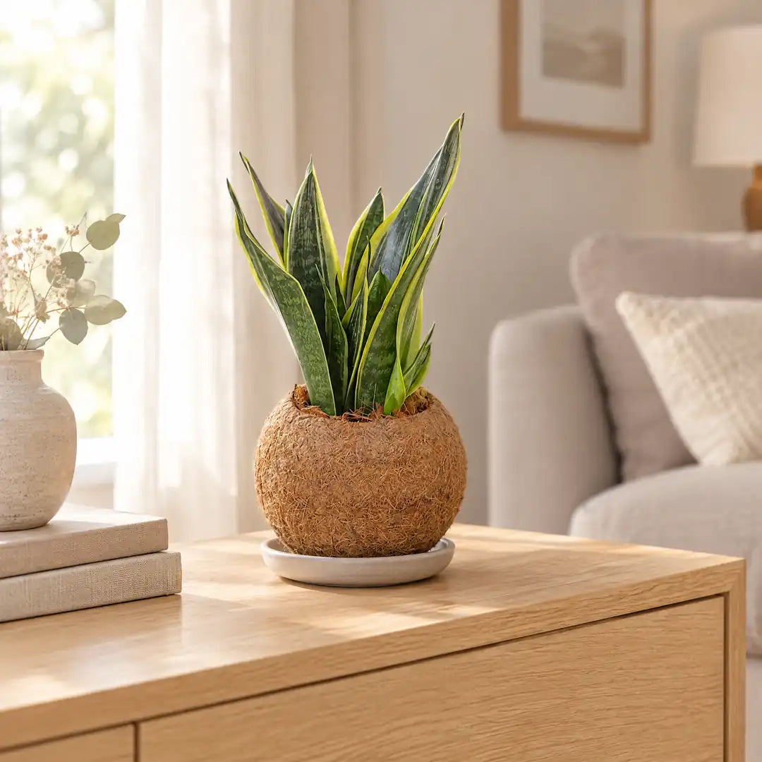 Sansevieria Superba Kokedama in Kokosfaser-Kugel auf einem Sideboard im hellen Wohnzimmer